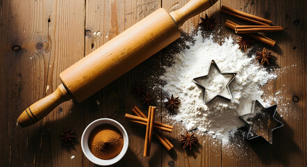 Flat lay composition of baking ingredients for Christmas cookies (flour, cutters, cinnamon) on a rustic wooden table. Top-down view.