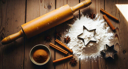 Flat lay composition of baking ingredients for Christmas cookies (flour, cutters, cinnamon) on a rustic wooden table. Top-down view.