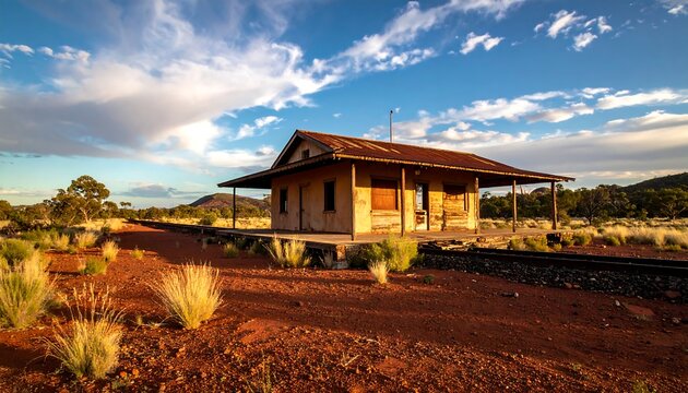 An aged, weathered building, likely a former station, sits beside rusty railway tracks under a vibrant, cloud-filled sky