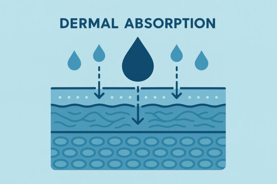 Informative medical diagram showing dermal absorption and skin layer penetration. This scientific illustration features droplet, representing moisture and hydration concepts