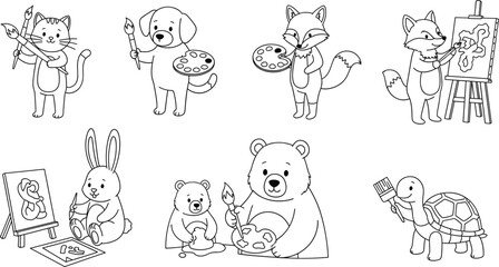 Line Art Cartoon Animal Artists Vector Set: Cat, Dog, Fox, Rabbit, Bear, and Turtle Painting on Easels with Brushes and Palettes, for Coloring Books and Creativity
