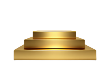 Three tiered golden podium with reflective surfaces on black background stage award, Isolated On White Background, Png Transparent