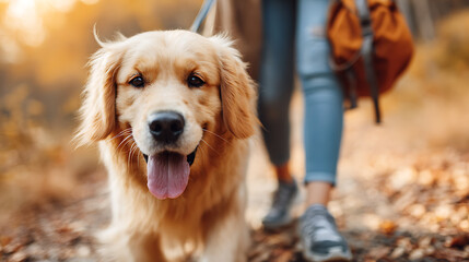 Dog walking with its owner in the public park, perfect for weekend leisure, nature time, and strengthening pet bonds.