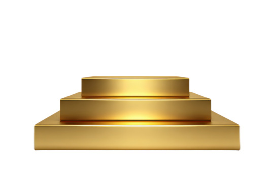 Three tiered golden podium with reflective surfaces on black background stage award, Isolated On White Background, Png Transparent - Powered by Adobe