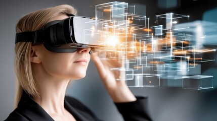 A woman wearing a virtual reality headset is shown from the side, her hand reaching out towards a holographic display of interconnected digital cubes. The scene