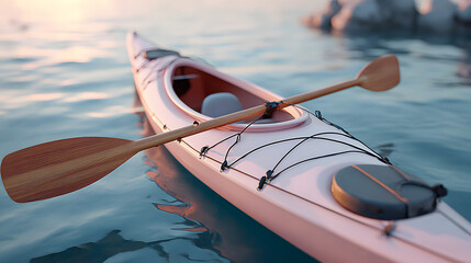 A tranquil kayak floating on calm water, inviting a sense of peace and adventure. A wooden paddle is gently resting on it.