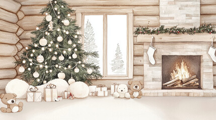 Christmas tree log cabin fireplace watercolor cozy winter gift teddy bear holiday interior cozy log cabin interior with decorated Christmas tree