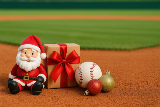 Jolly Santa figurine brings Christmas holiday spirit to sport of baseball. gift box and ornament sit on baseball field, creating unique seasonal scene with empty space