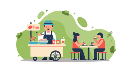 Obraz premium An illustration depicts a street food vendor serving customers at an outdoor table, enjoying snacks and drinks on a sunny day.