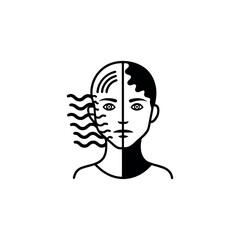“Unique black line art icon of a half-human face where the other half dissolves into sound waves, minimal outline, white background.”