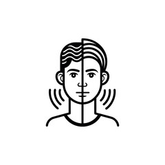 “Unique black line art icon of a half-human face where the other half dissolves into sound waves, minimal outline, white background.”