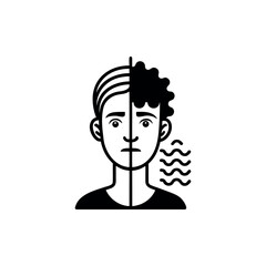 “Unique black line art icon of a half-human face where the other half dissolves into sound waves, minimal outline, white background.”