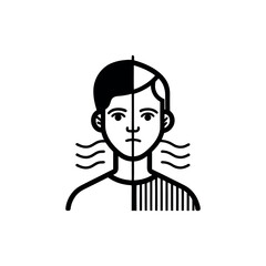 “Unique black line art icon of a half-human face where the other half dissolves into sound waves, minimal outline, white background.”