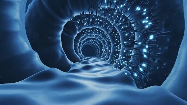 Abstract blue tunnel with glowing particles receding into the distance, suggesting data flow or a futuristic pathway.