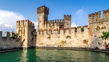 Ancient castle with high walls and towers beside serene water on a sunny day. A historical fortress structure