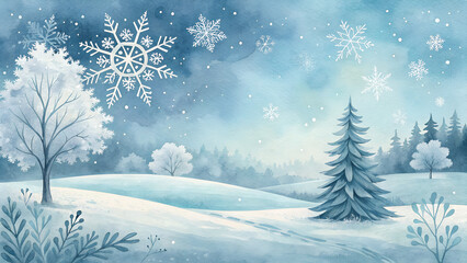Fototapeta premium Watercolor winter wonderland background, soft icy blue and white hues, falling snowflakes, peaceful Christmas scene [with copy space]