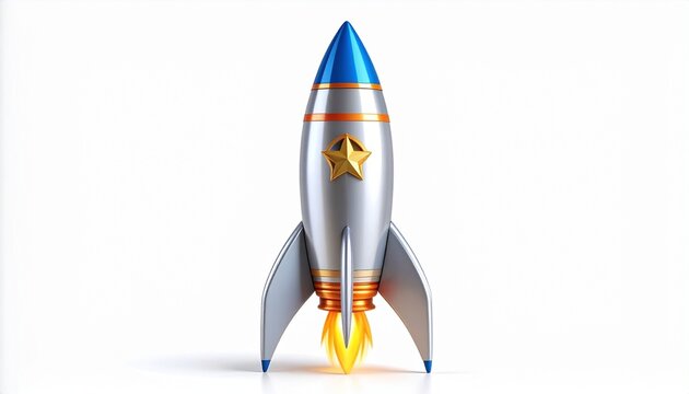 “A cartoon rocket with blue fins and a yellow star launching against a white background.”