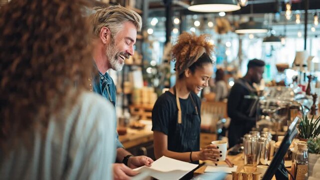 Happy Barista and Employee Smiling in Busy Coffee Shop with Customer - Friendly Cafe Service and Modern Business Atmosphere