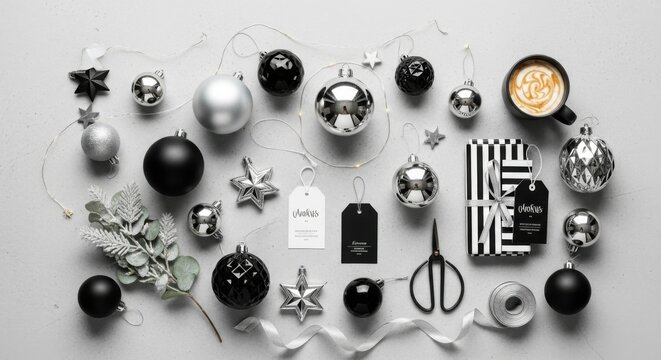 Chic and modern Christmas flatlay with black and silver ornaments, gift wrap, and coffee for festive holiday marketing and design inspiration