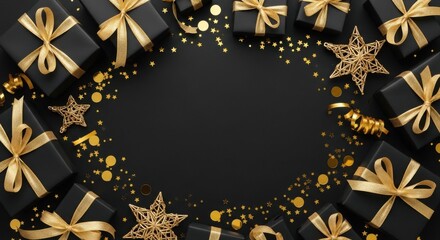Elegant black gift boxes with gold ribbons and star confetti frame on a black background create a sophisticated holiday or special occasion vibe