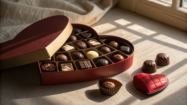 An ultrarealistic open heart-shaped box of luxury chocolates, with one piece missing, showcasing delicious pralines against a satin interior.