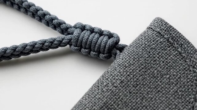 Close up of a grey fabric object with rope detail on white background