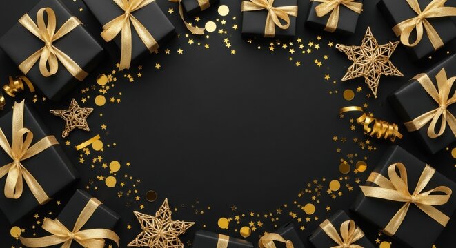 Elegant black gift boxes with gold ribbons and star confetti frame on a black background create a sophisticated holiday or special occasion vibe