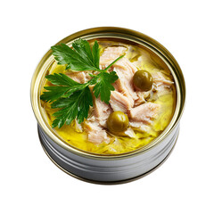 Canned tuna in oil view Isolated transparent on white background