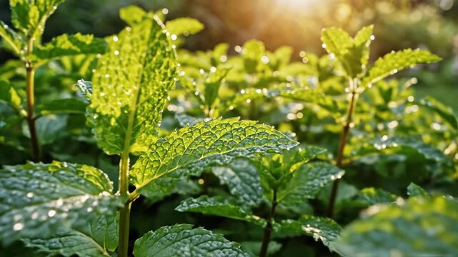 Close-up of vibrant green mint plants glistening with water droplets under warm sunlight