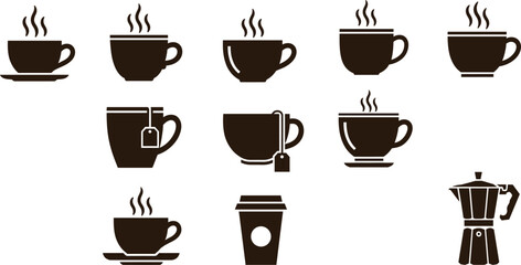 Hot Coffee and Tea Icons Vector Silhouette Set: Steaming Mugs, Cups with Saucers, Tea Bags, Takeaway Cup, and Moka Pot, for Cafe and Drink Graphics