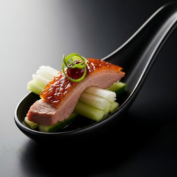 Exquisite peking duck appetizer served on a black ceramic spoon.