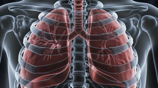 Anatomical illustration of the human respiratory system, highlighting the lungs and rib cage.