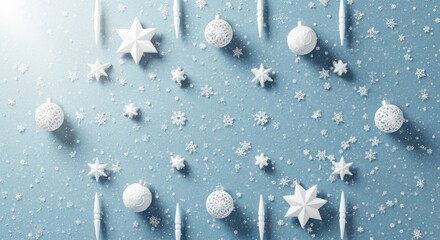 Elegant winter holiday season with festive ornaments and snowflakes creating a magical, serene, and bright Christmas mood for greeting cards