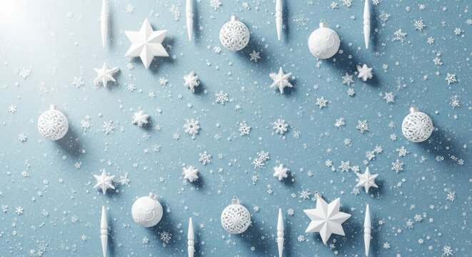 Elegant winter holiday season with festive ornaments and snowflakes creating a magical, serene, and bright Christmas mood for greeting cards - Powered by Adobe