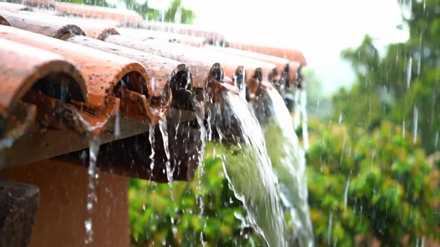 Rain Water Flowing From Tiled Roof, Lush Greenery Background