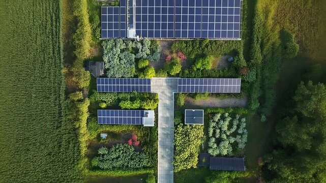 Aerial view of solar panels on a green field generating sustainable energy.