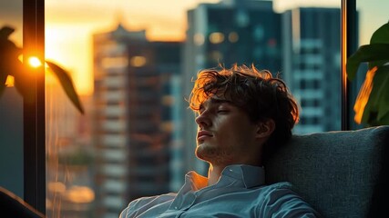 Man relaxes in chair at sunset with city view. Peaceful, contemplative mood.