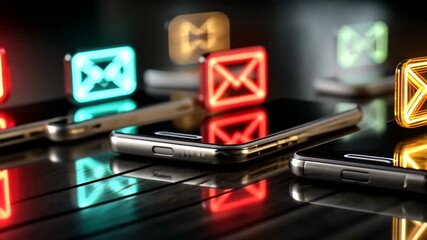 Vibrant neon email icons bustling over sleek smartphones creating dynamic digital communication - Powered by Adobe