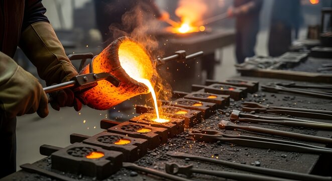 Molten metal being poured into molds in a foundry.