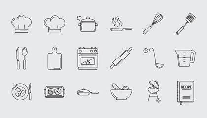 Fototapeta premium Kitchen Tools Icon Set – Cooking Utensils, Chef Tools & Kitchenware | Outline Vector