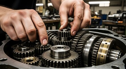 Close-up of a mechanic's hands meticulously assembling intricate metal gears within a complex machinery system in a workshop.