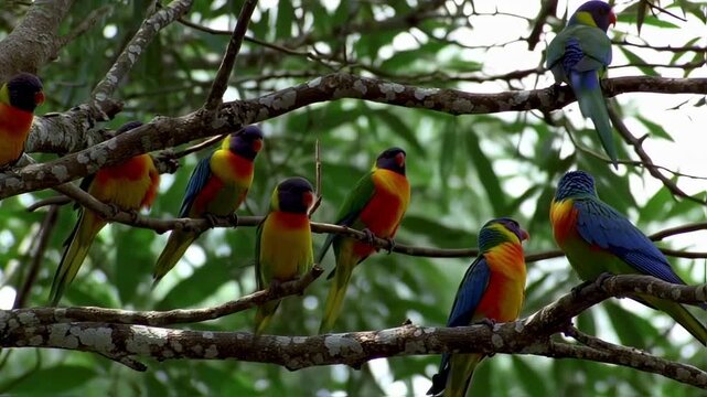 Vibrant Rainbow Lorikeets perched gracefully on tree branches in lush foliage