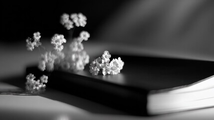 Black picture frame with folded speech and white flowers. event programs, museum guides, designed for cultural heritage projects and event programs, preserves heritage.