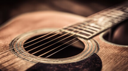 Fototapeta premium A detailed close-up of an acoustic guitar, focusing on its wooden texture and artistic craftsmanship. tutorial guides, club newsletters, designed for sports & leisure club marketing.