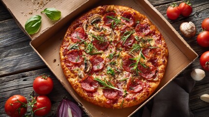 Top view of fresh colorful pizza with pepperoni, mixed vegetables, and melted cheese in an open delivery box, featuring a delicious hot takeout meal with vibrant ingredients and a golden baked crust