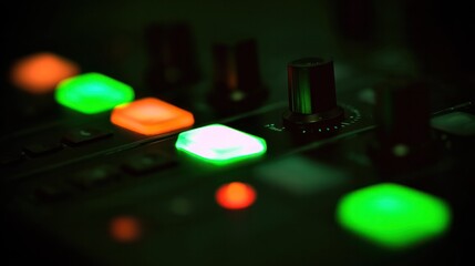 Sleek music mixer with glowing controls under atmospheric club lighting and vibrant color accents. product launch decks.
