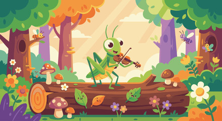 Grasshopper Playing on a Log
Flat vector grasshopper sitting on a fallen log in a colourful forest,
