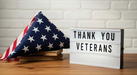 Honoring Heroes US Flag with Books, and Thank You Veterans on Wood Table.