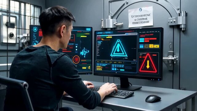 Hacker in dark room monitoring security system on computer screens.