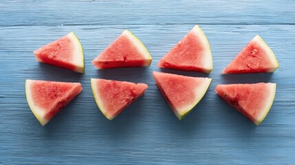 Watermelon slices arranged on a rustic blue wooden surface with natural lighting. menu design, packaging mockups, designed for culinary blogs and recipe cards for restaurants.